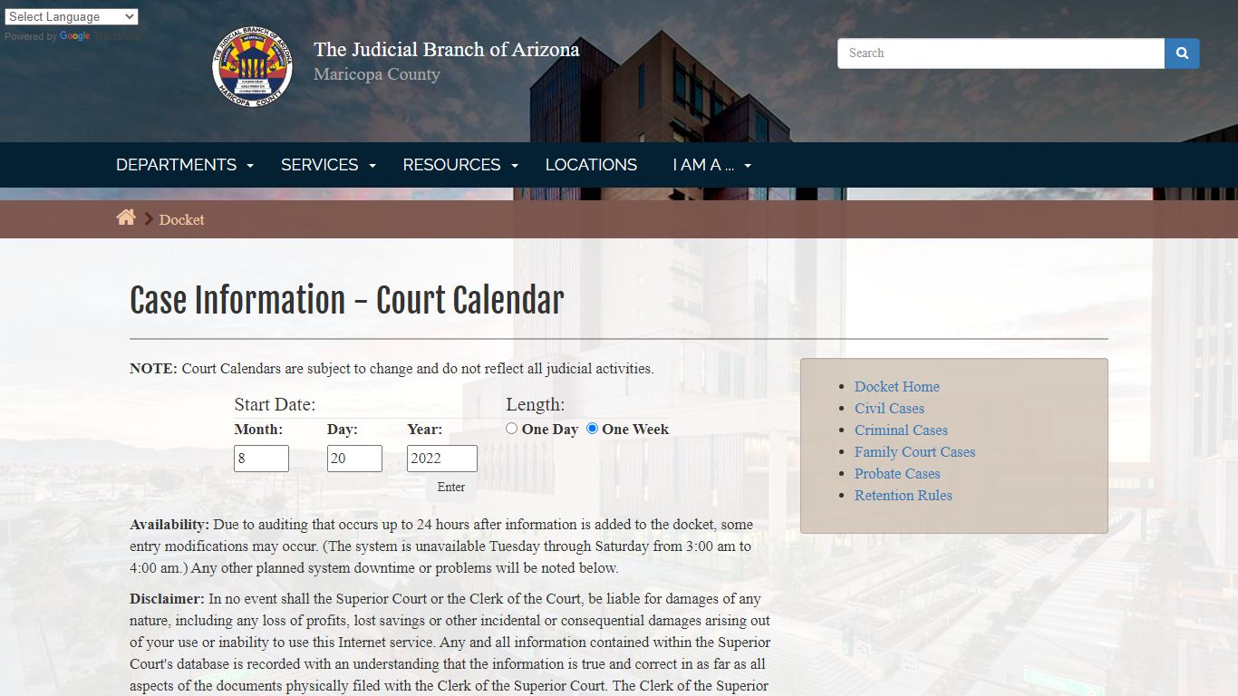 Case Information - Court Calendar - Maricopa County, Arizona
